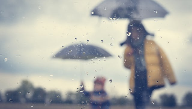 A man and a child holding umbrellas on a rainy day, blurred out in the distance.