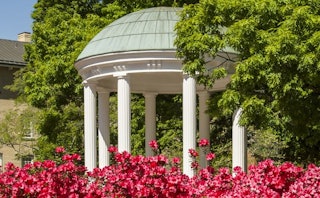 Old well at chapel hill being showcased by flowers and trees