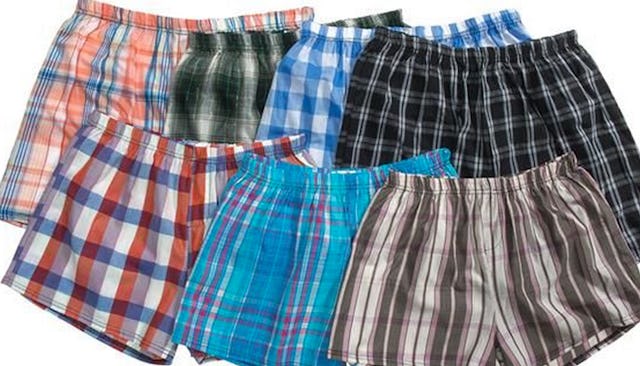 Seven pairs of men's plaid underwear in different colors