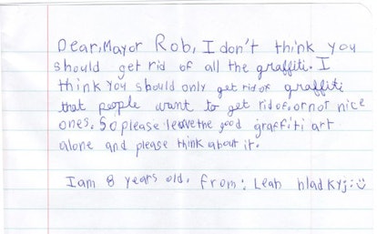 A letter to Mayor Rob from an eight-year-old asking him not to remove good graffiti.
