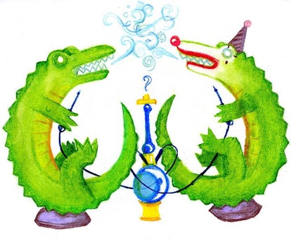 Two crocodiles smoking a hookah illustration