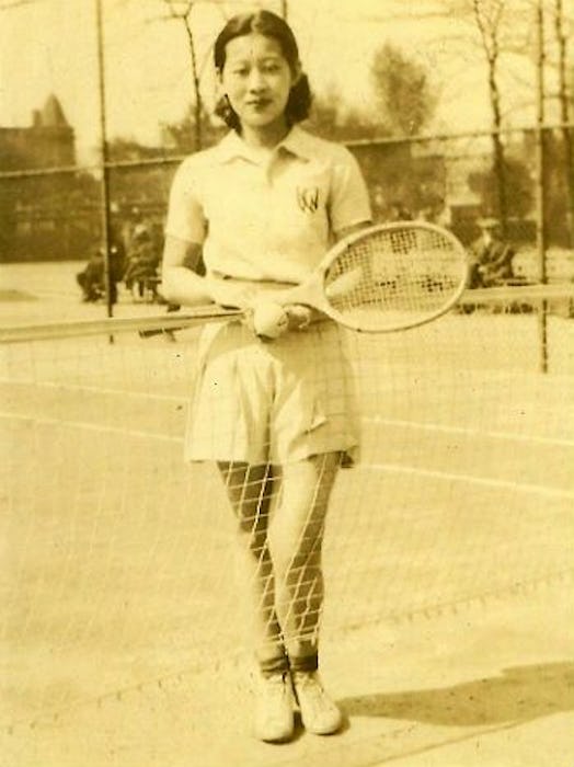 An old photograph of Jennifer Li Schotz's Grandma grandma leaning on a net on a tennis court