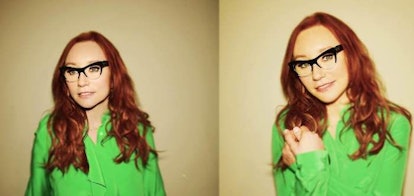 A two-part collage of Tori Amos wearing glasses and a green blouse