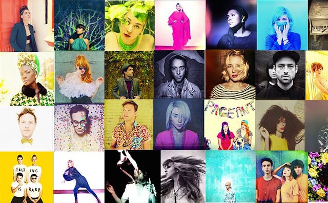 A collage of 28 different photos of artists from the Indie music scene