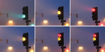 Traffic lights with all options activated, each presented independently in a six-part collage
