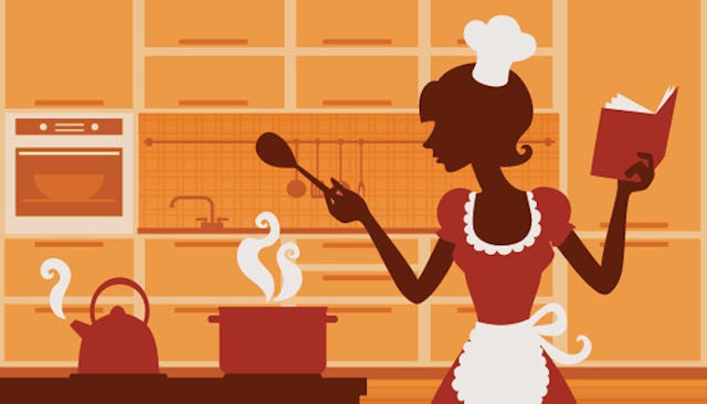 An illustration of a woman preparing food for Thanksgiving 