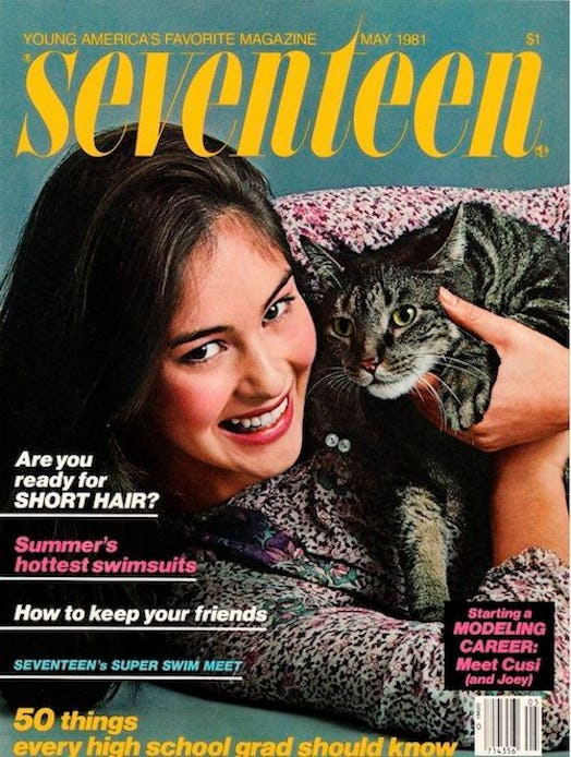 Cusi Cram with a cat in her embrace, smiling for a cover of the "Seventeen" magazine