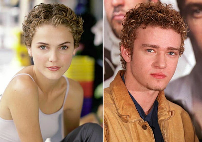 A two-part collage with Keri Russell and Justin Timberlake in the 2000s with wet-looking curly hair