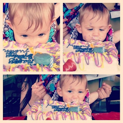 Three pictures of a brown haired boy being held by his mother, biting into a white cake