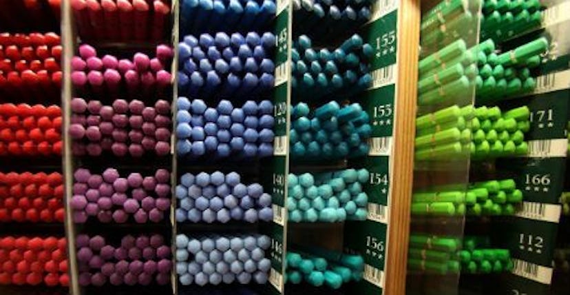 Color-coordinated pencils in boxes in red, pink, blue, teal and green