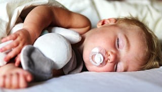 A small baby taking a nap with a pacifier while holding a plush toy