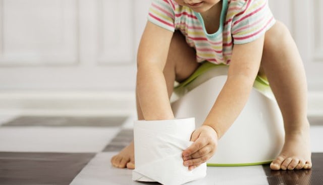 A toddler sitting on the potty during potty training
