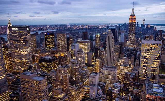 An aerial view of New York City during night time