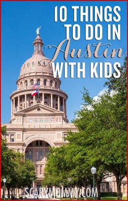 The front page of a brochure highlighting family-friendly activities in Austin for kids