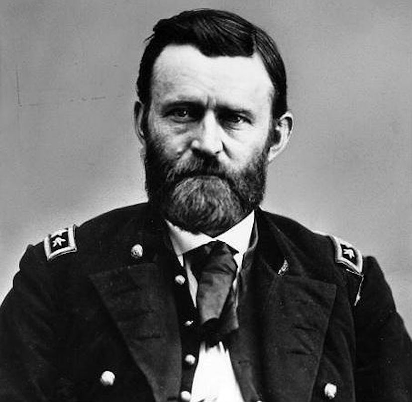 18th president of the United States Ulysses S. Grant in a black suit wearing beard in a black and wh...