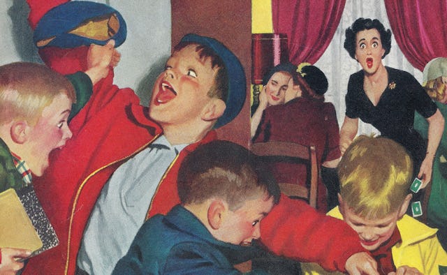 A retro illustrated children's party with a group of kids playing and an upset mom