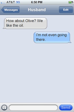 A chat of husband and wife arguing about baby's name being Olive.