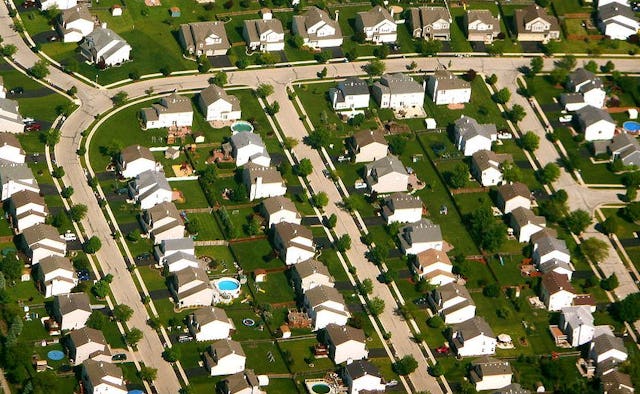 View from the sky on houses in a neighborhood in a small town