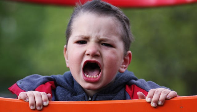 An angry toddler yelling at a park