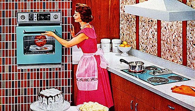A drawing of a woman from the 50s preparing lunch in kitchen