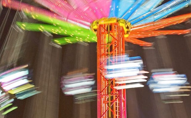A blurred photo of a high Ferris wheel while rotating