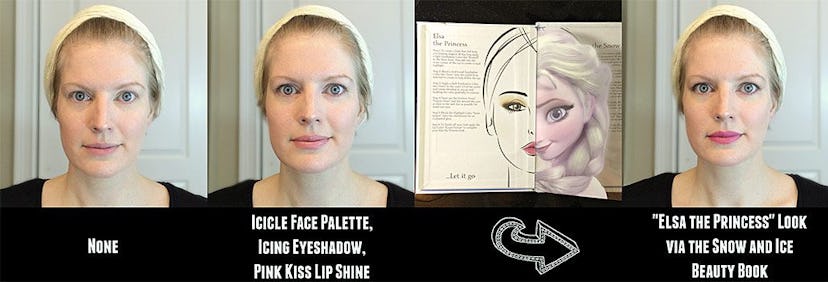 A woman showing her transition to the 'Elsa the Princess' look by using the Ice beauty book in a fou...