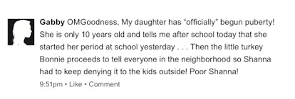 A comment on Facebook written by a woman discussing her daughter's puberty 
