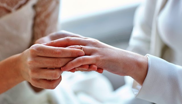 A lesbian proposing to her girlfriend with a wedding ring