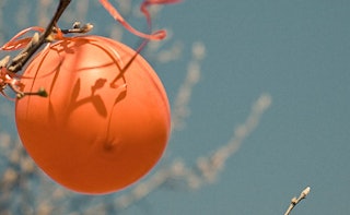 An orange balloon tied to a tree branch with an orange ribbon