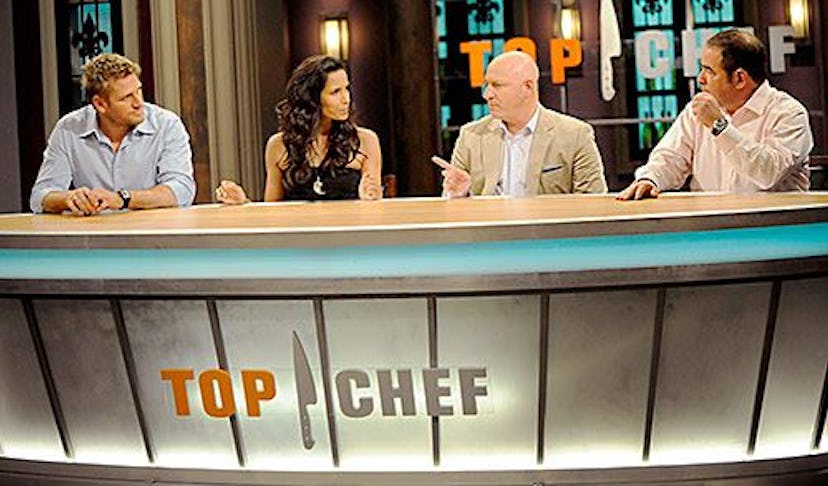Richard Blais, Padma Lakshmi, and Tom Colicchio in Top Chef