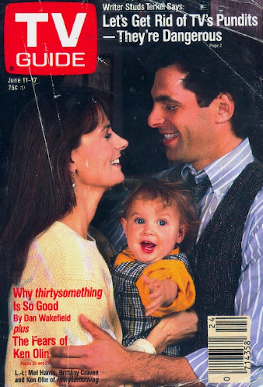 A TV Guide magazine cover with Michael Steadman and his wife and child looking at each other and smi...