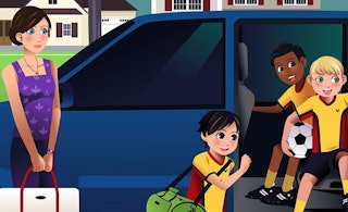 An illustration of a soccer mom and three boys in a mini van