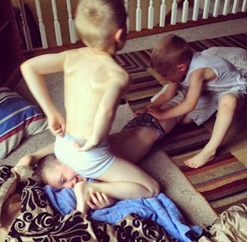 boys underpants sits on head