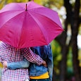 Couple under a purple umbrella