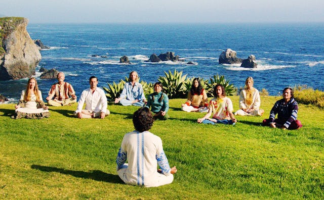  Don Draper, in Mad Men's final episode, facing a group of people who are all meditating next to a c...
