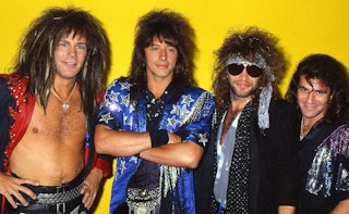 Richie Sambora, Alec John Such, Jon Bon Jovi, and Tico Torres in the '80s with a bright yellow backg...