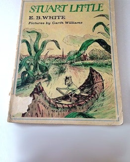 The cover of the children's book 'Stuart Little' by E.B. White with a mouse riding in a kayak