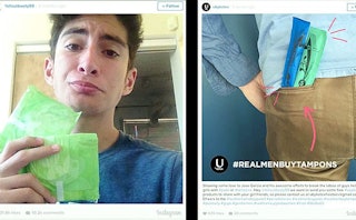A two-part collage with a 15 year-old-boy holding maxi pads and a man carrying tampons in his back p...