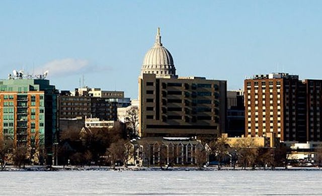 A semi-aerial view of Madison, Wisconsin buildings, a college town