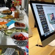 Side by side photos which show a lunch buffet on the left side and an iMac on the right side