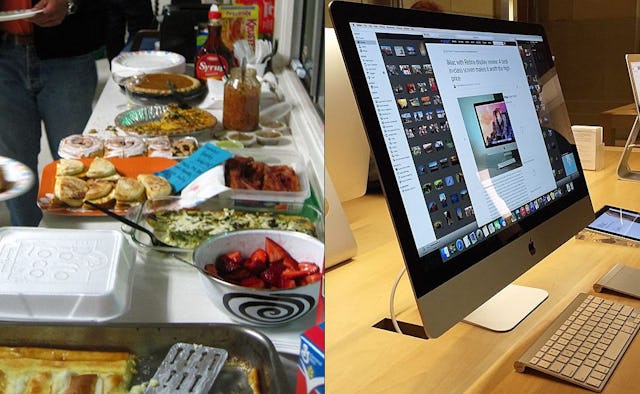 A two-part collage of a table with a Potluck breakfast and a Mac PC, and a keyboard in an office