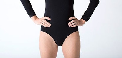 A model in a black nap-crotch bodysuit