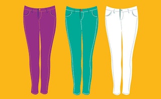 An illustration of purple, green, and white skinny jeans with an orange background