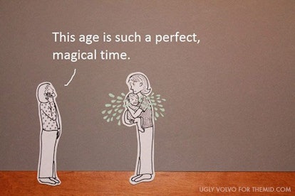 Illustration of an old lady saying "This age is such a perfect, magical time" to a young mother, whi...