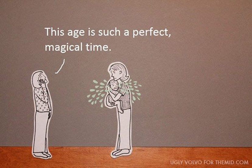 Illustration of an old lady saying "This age is such a perfect, magical time" to a young mother, whi...