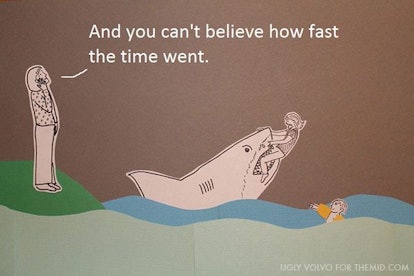Illustration of an old lady saying, "and you can't believe how fast the time went", and a shark taki...