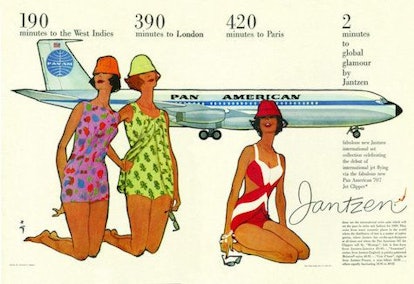 Two women in vintage floral-print swimsuits and a woman in a red and white swimsuit on a Pan Am pros...