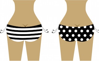An illustration of two women in a black and white striped bikini and a polka dot bikini bottom