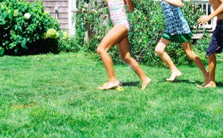 Three kids running barefoot through a garden with sprinklers on after hearing their father's whistle