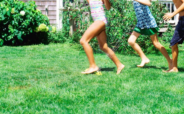 Three kids running barefoot through a garden with sprinklers on after hearing their father's whistle
